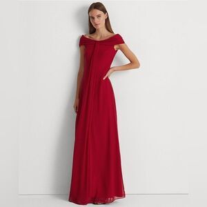 Lauren Ralph Lauren Off-The-Shoulder Red Chiffon Gown Size 6 Maxi Dress